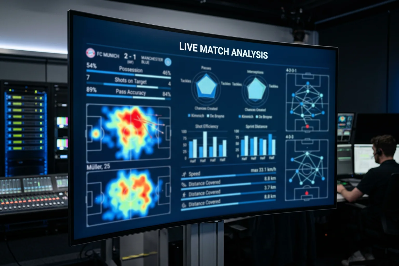 Digitalni zaslon s nogometnom statistikom i grafovima analize utakmica