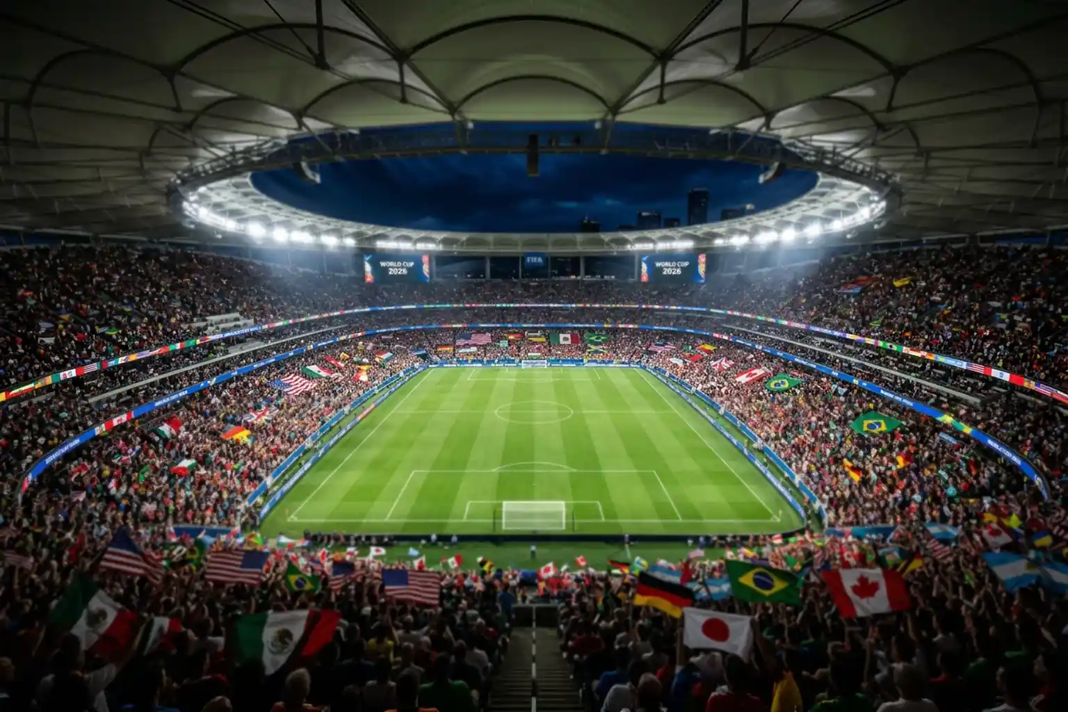 Noćni pogled na moderni nogometni stadion ispunjen navijačima uoči utakmice Svjetskog prvenstva 2026