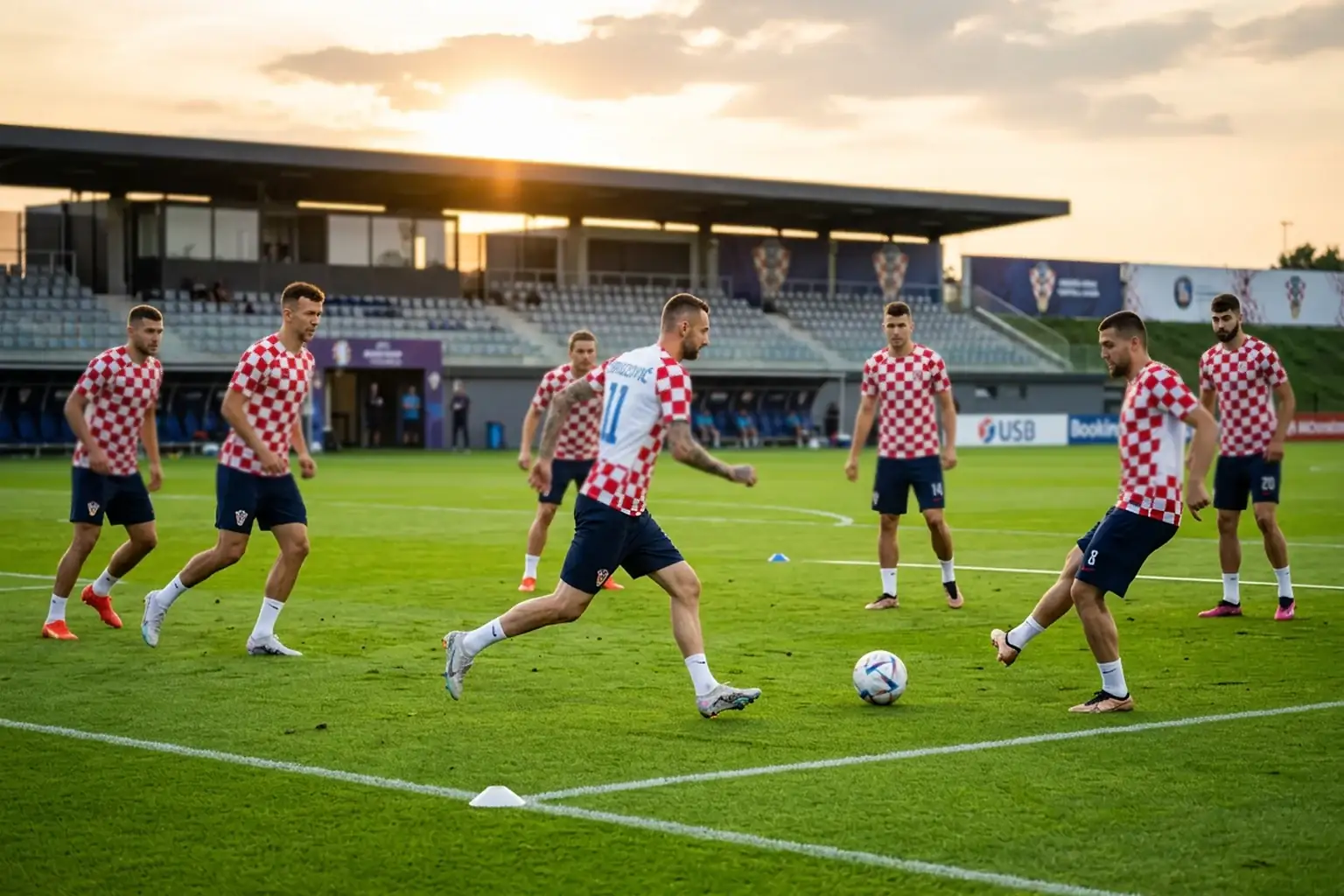 Nogometaši hrvatske reprezentacije u crveno-bijelim dresovima tijekom treninga na travnjaku
