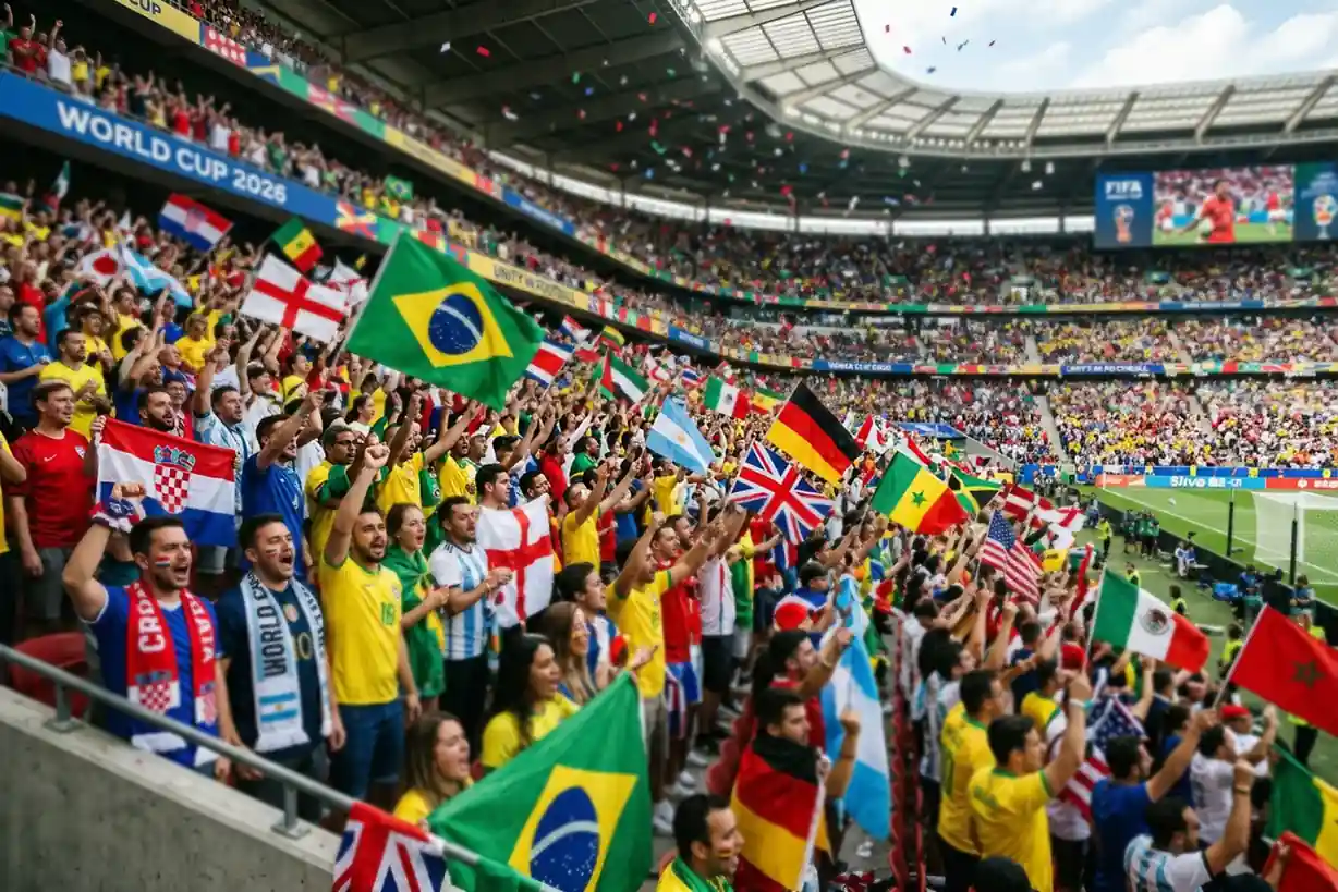 Navijači na tribinama stadiona s zastavama različitih nacija tijekom utakmice Svjetskog prvenstva
