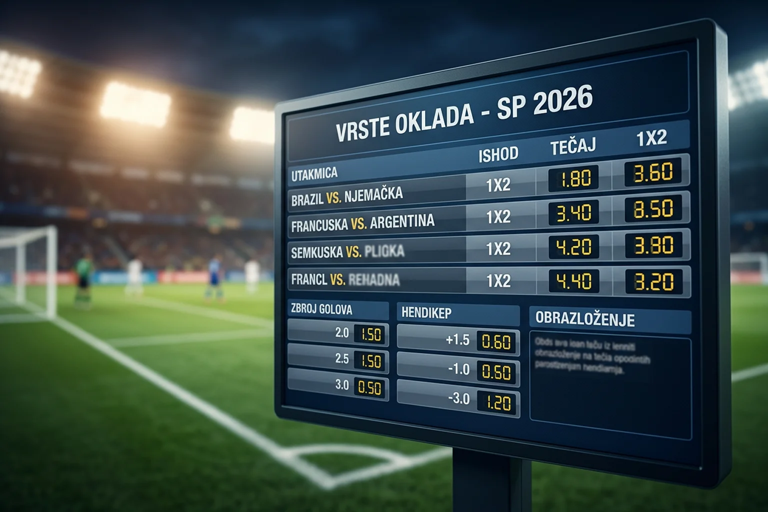 Različite vrste nogometnih oklada prikazane na digitalnom sučelju s koeficijentima za Svjetsko prvenstvo 2026